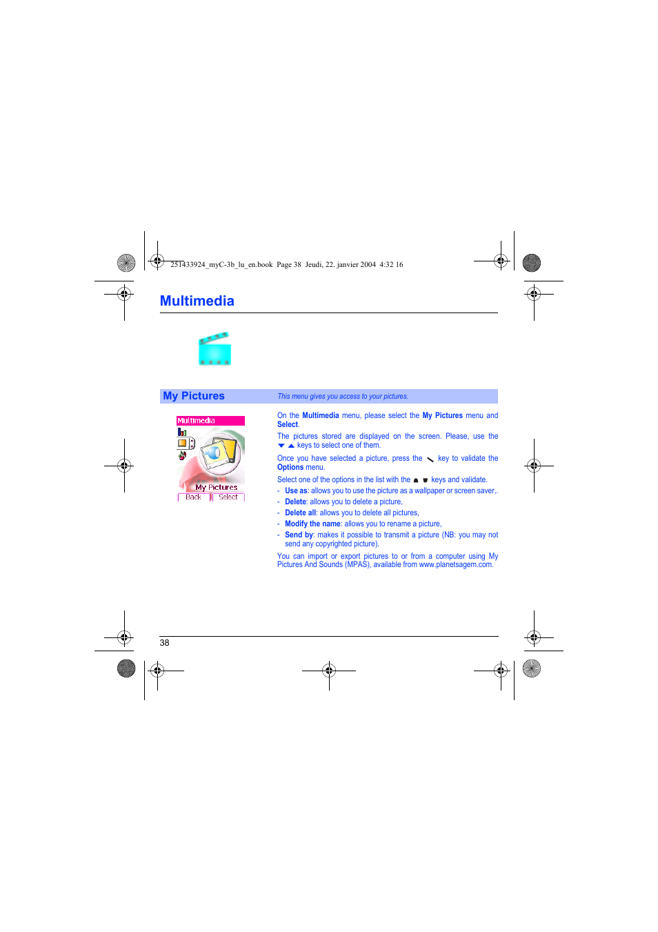 Multimedia, My pictures | Sagem myC-3b User Manual | Page 41 / 91