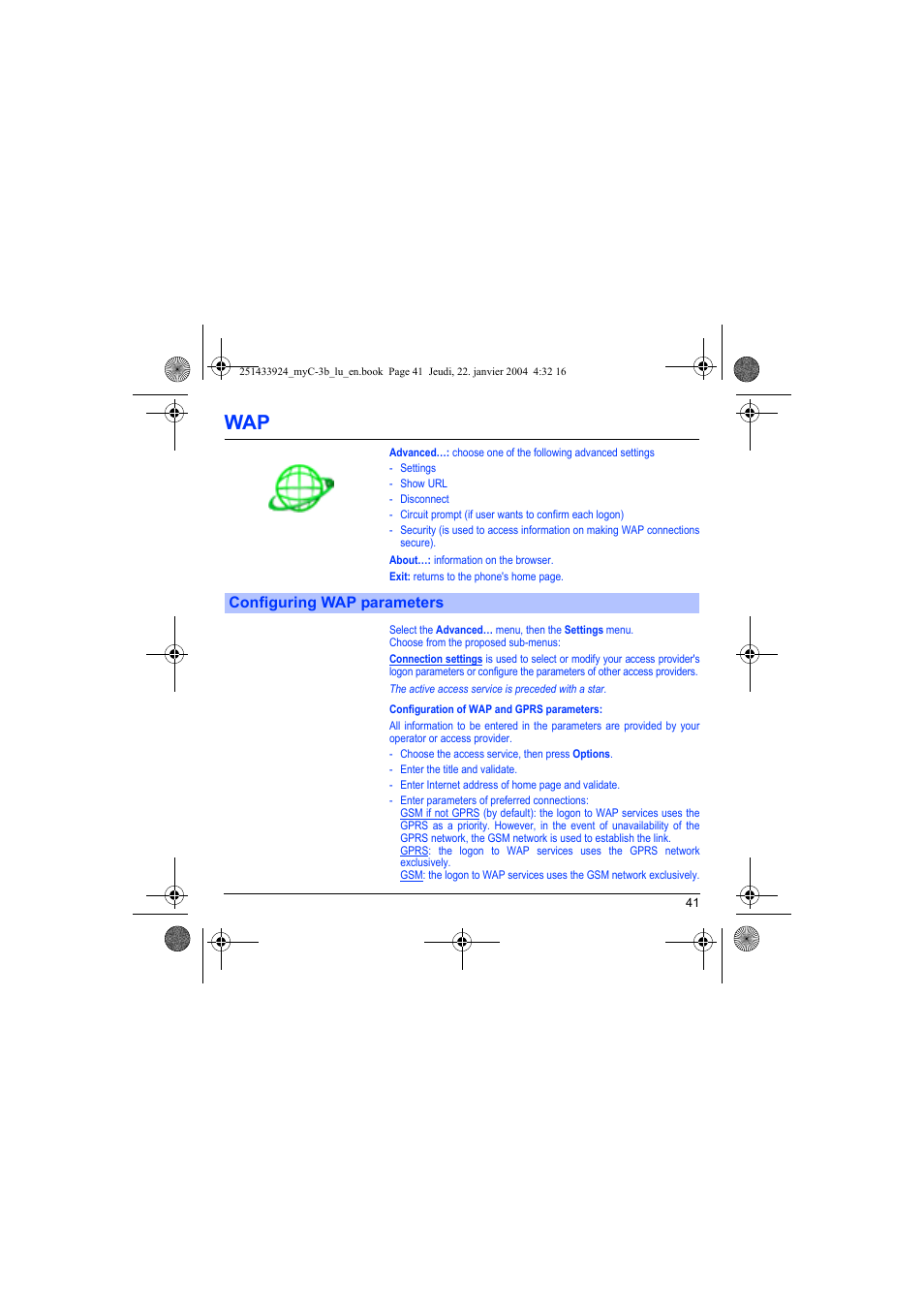 Configuring wap parameters | Sagem myC-3b User Manual | Page 44 / 91