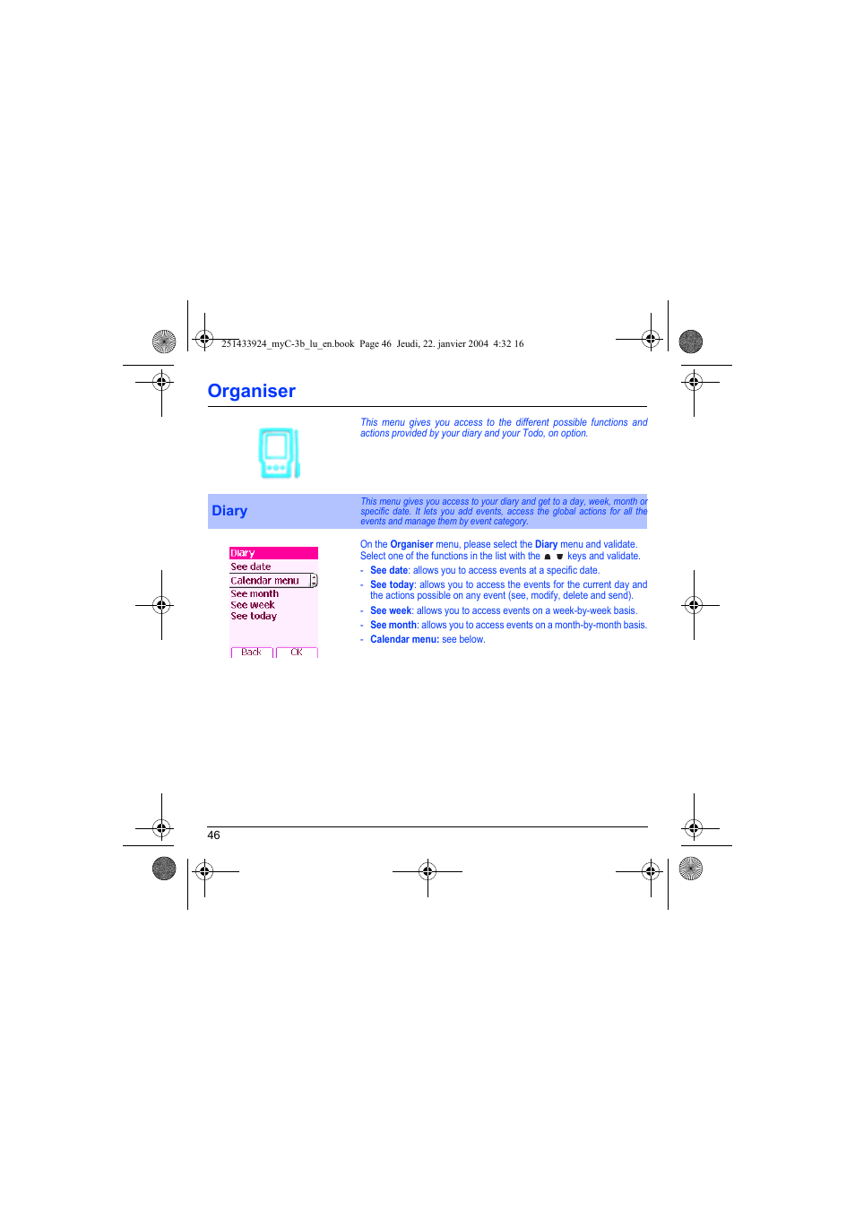 Organiser, Diary | Sagem myC-3b User Manual | Page 49 / 91