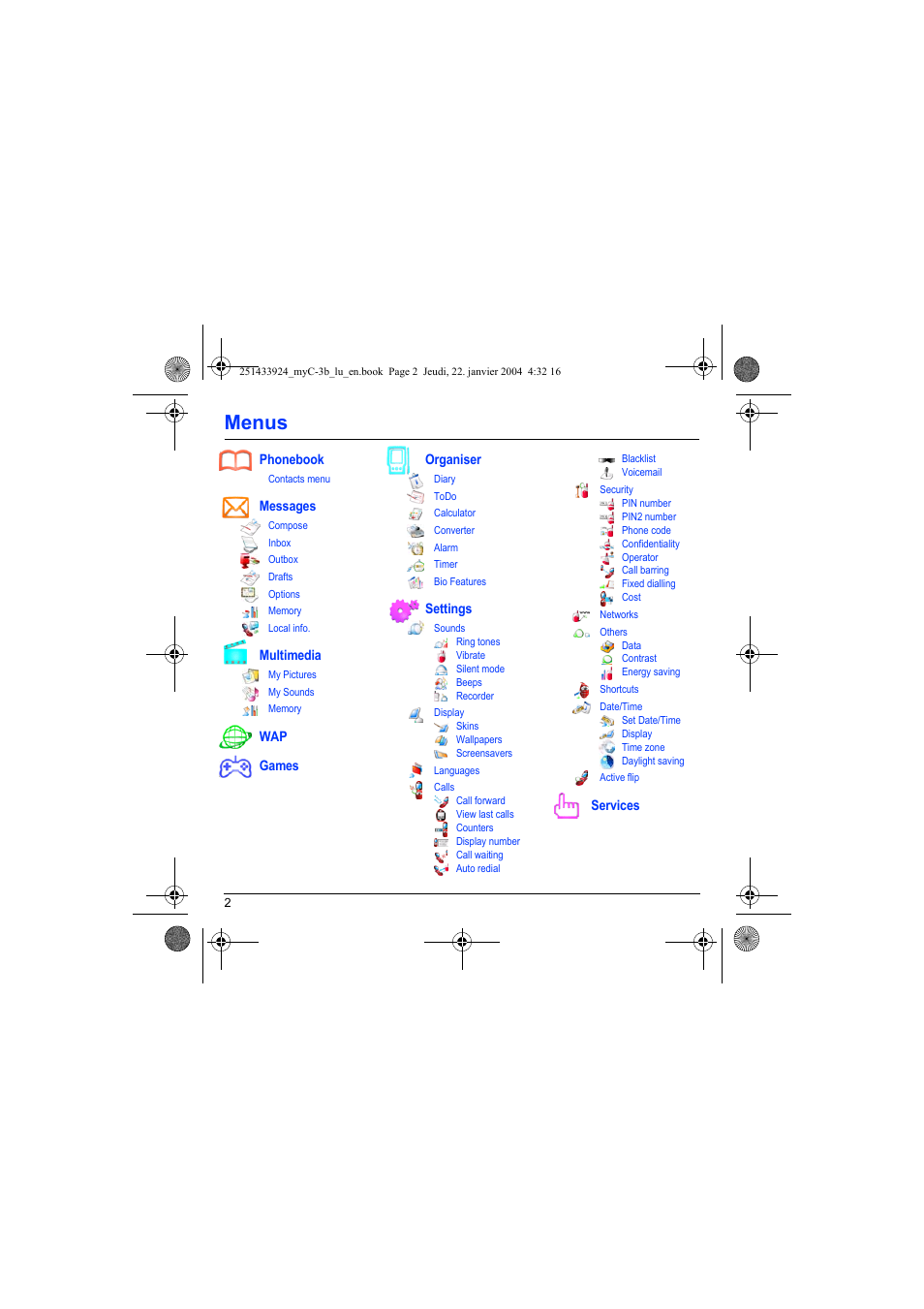 Menus | Sagem myC-3b User Manual | Page 5 / 91