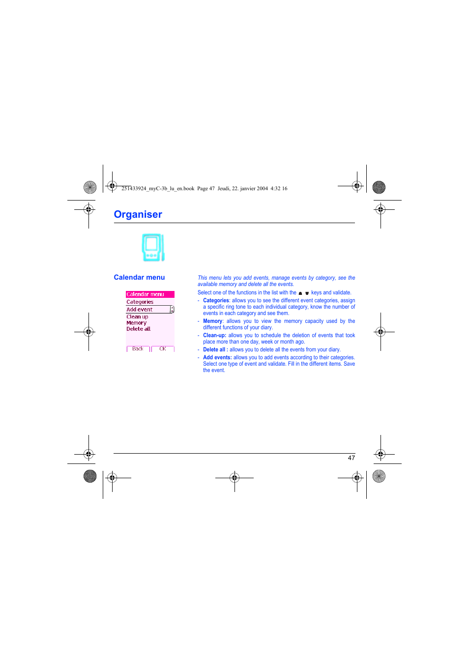 Calendar menu, Organiser | Sagem myC-3b User Manual | Page 50 / 91