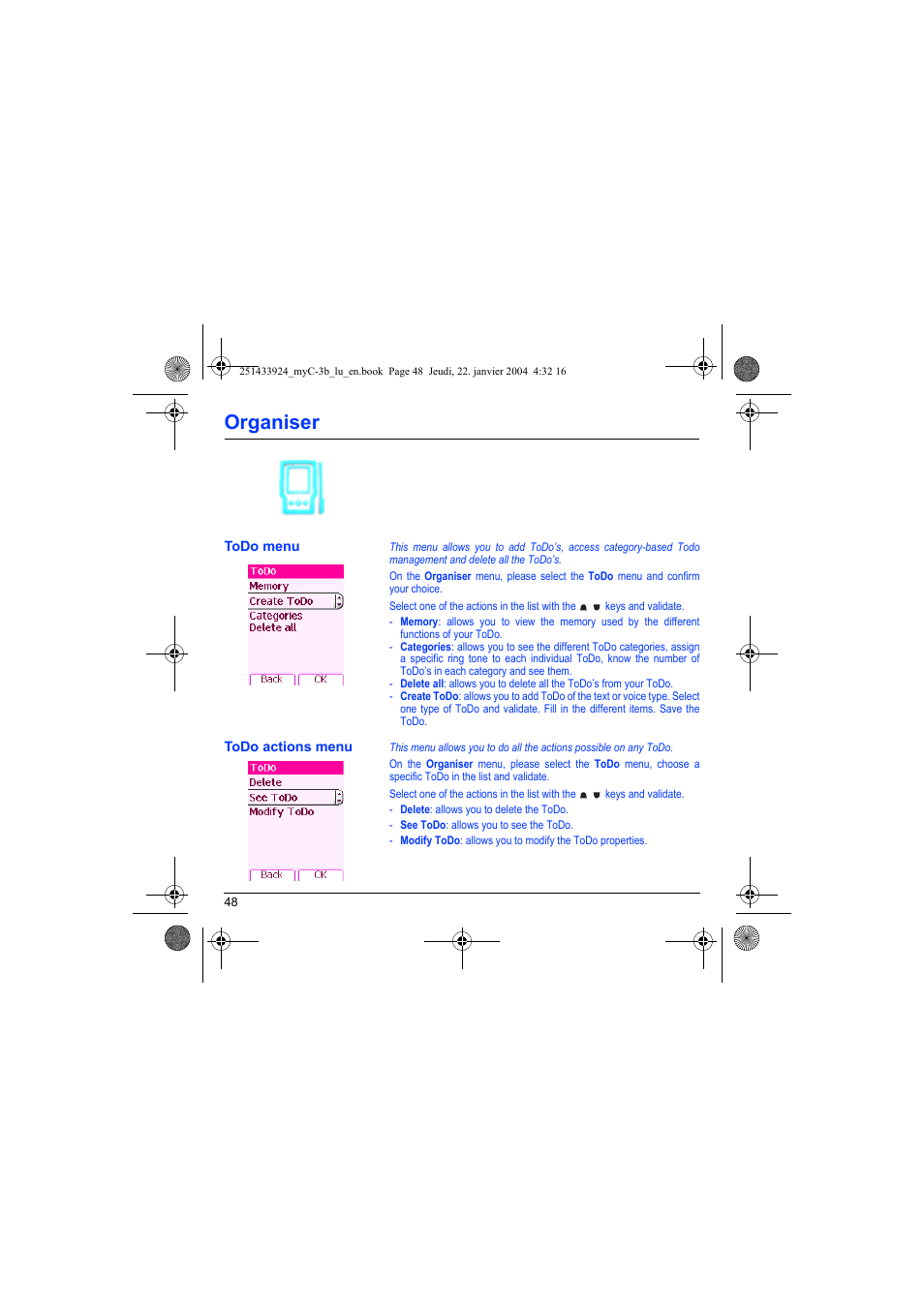 Todo menu todo actions menu, Organiser | Sagem myC-3b User Manual | Page 51 / 91