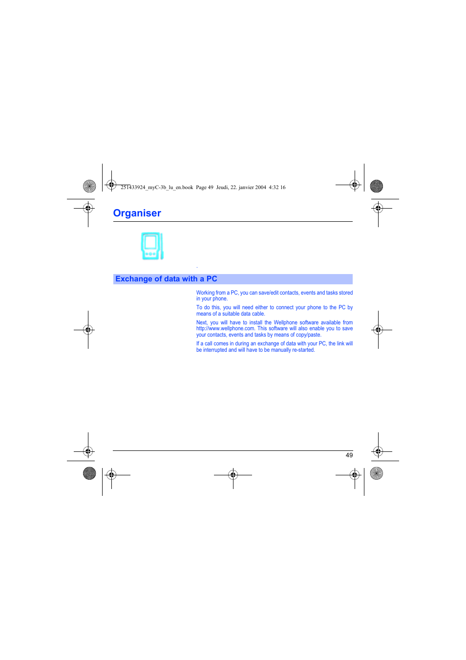 Exchange of data with a pc, Organiser | Sagem myC-3b User Manual | Page 52 / 91