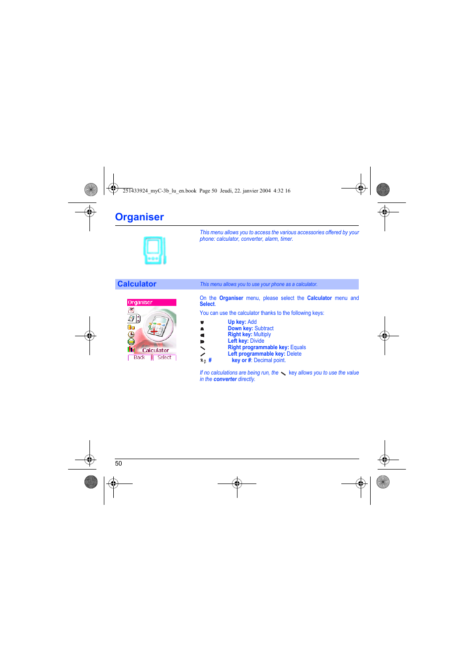 Calculator, Organiser | Sagem myC-3b User Manual | Page 53 / 91