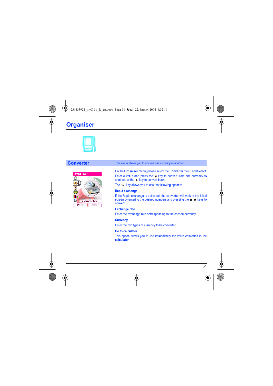 Converter, Organiser | Sagem myC-3b User Manual | Page 54 / 91