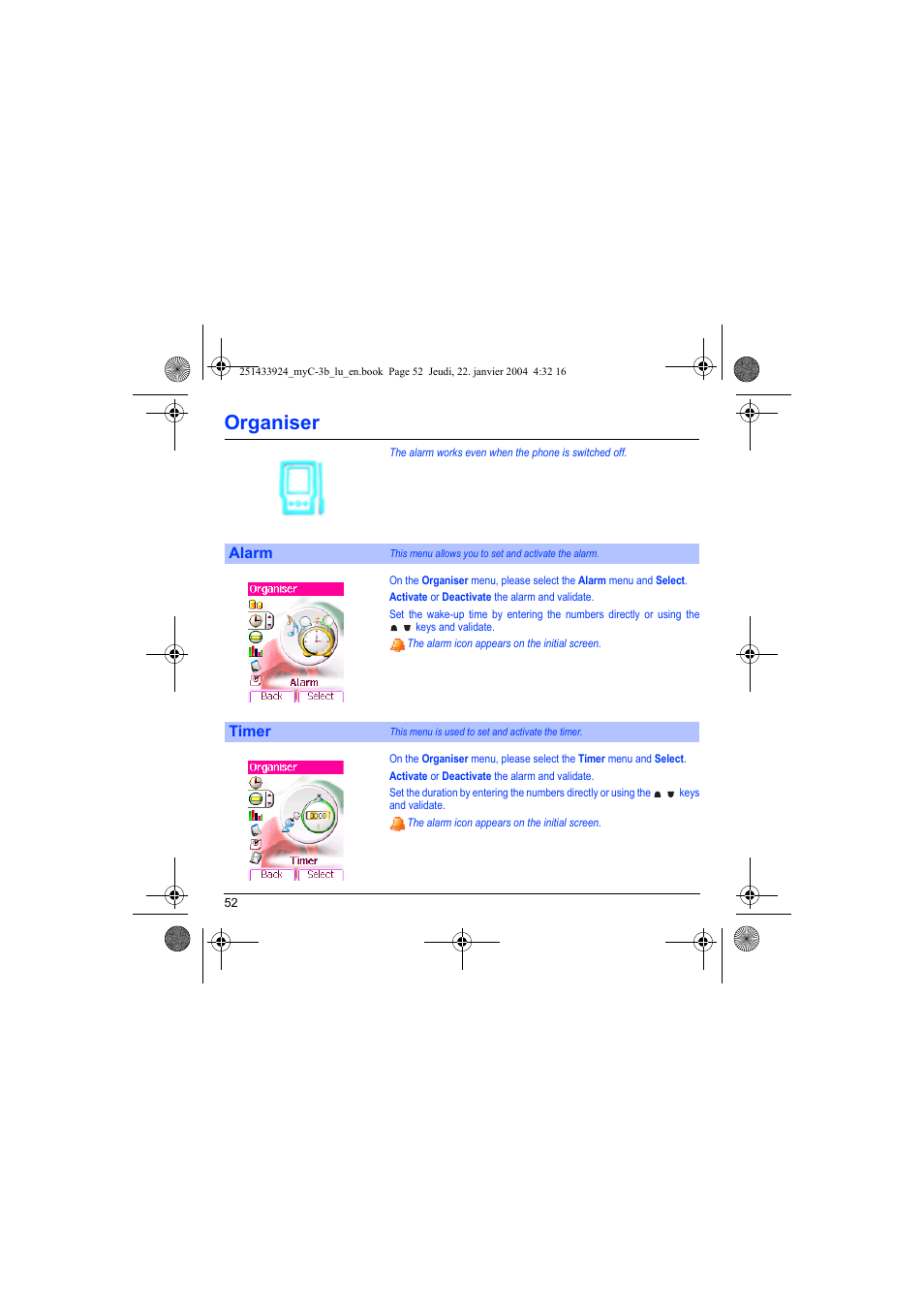 Alarm timer, Organiser | Sagem myC-3b User Manual | Page 55 / 91