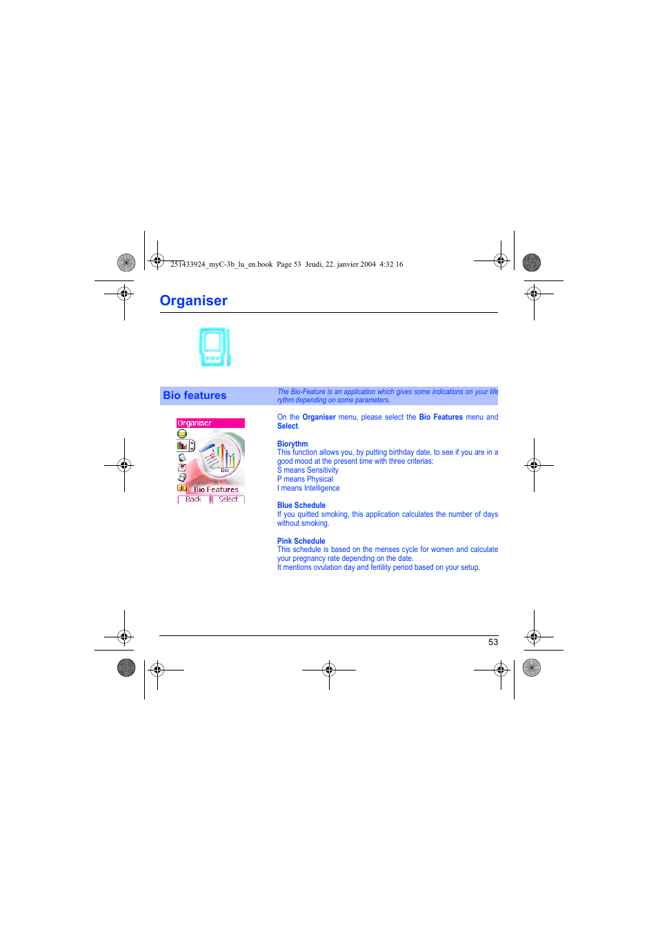 Bio features, Organiser | Sagem myC-3b User Manual | Page 56 / 91