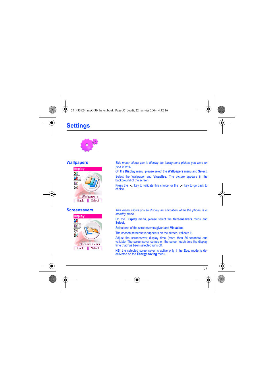 Wallpapers screensavers, Settings | Sagem myC-3b User Manual | Page 60 / 91