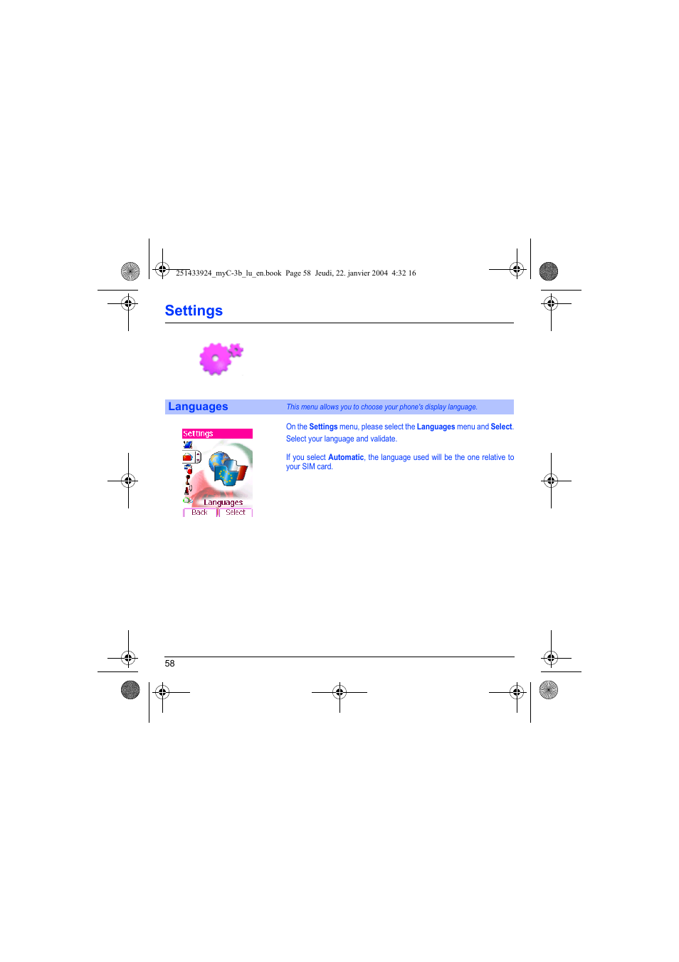 Languages, Settings | Sagem myC-3b User Manual | Page 61 / 91