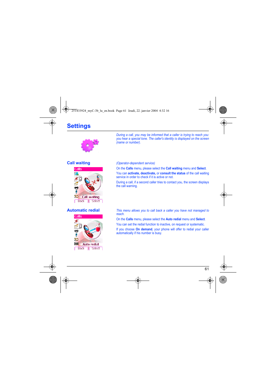 Call waiting automatic redial, Settings | Sagem myC-3b User Manual | Page 64 / 91