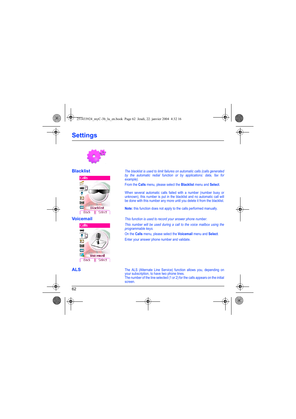 Blacklist voicemail als, Settings | Sagem myC-3b User Manual | Page 65 / 91