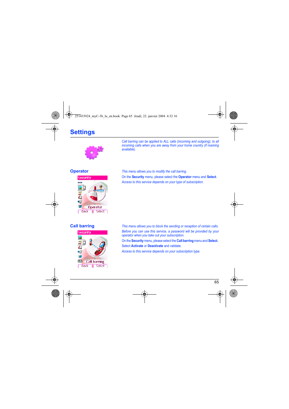 Operator call barring, Settings | Sagem myC-3b User Manual | Page 68 / 91