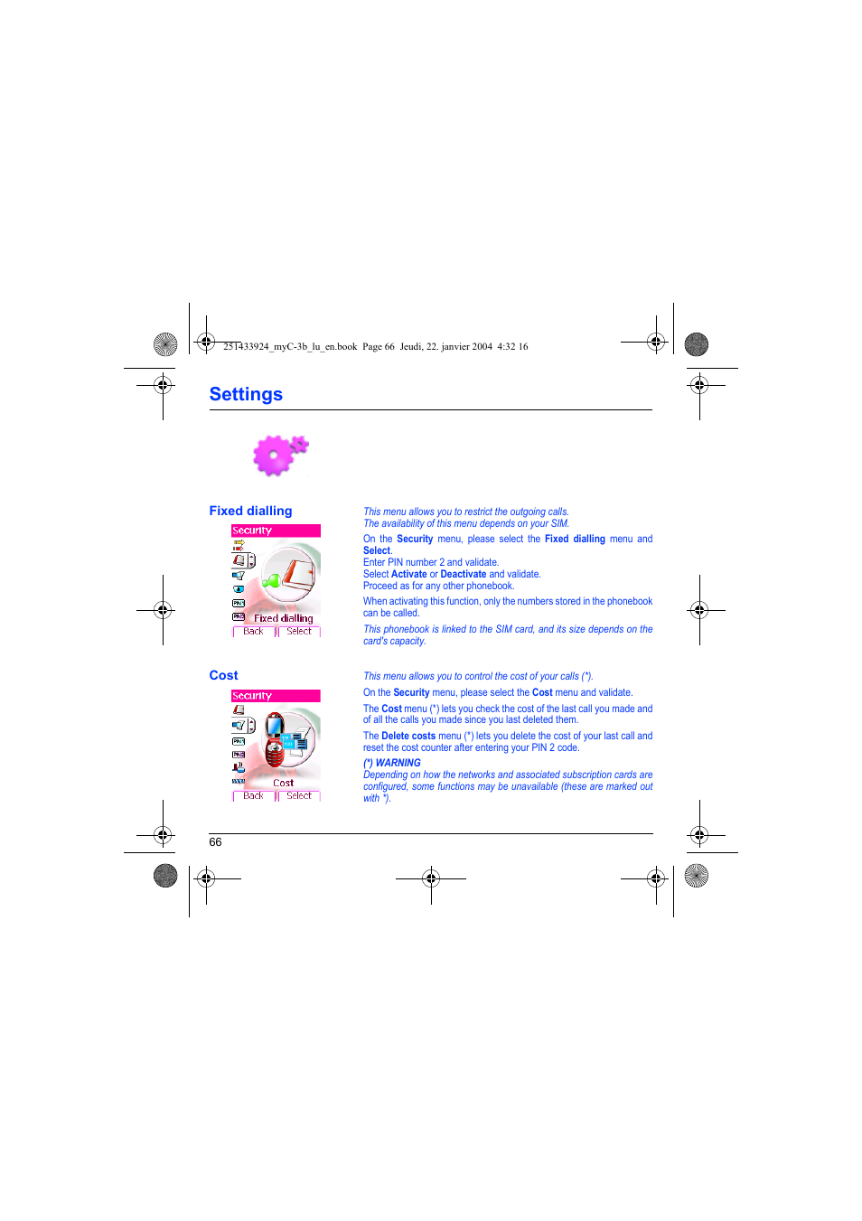 Fixed dialling cost, Settings | Sagem myC-3b User Manual | Page 69 / 91