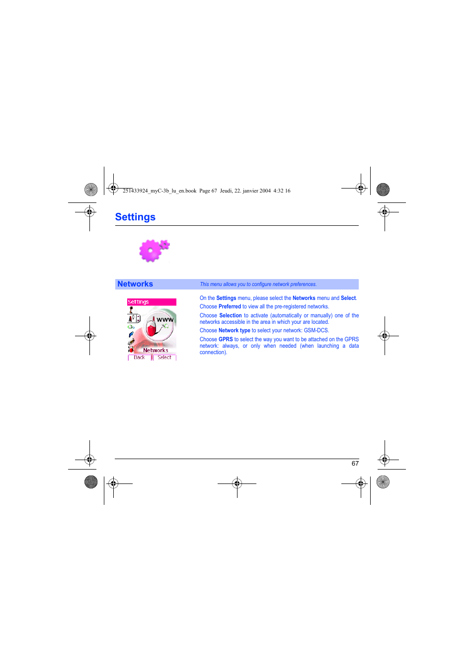 Networks, Settings | Sagem myC-3b User Manual | Page 70 / 91