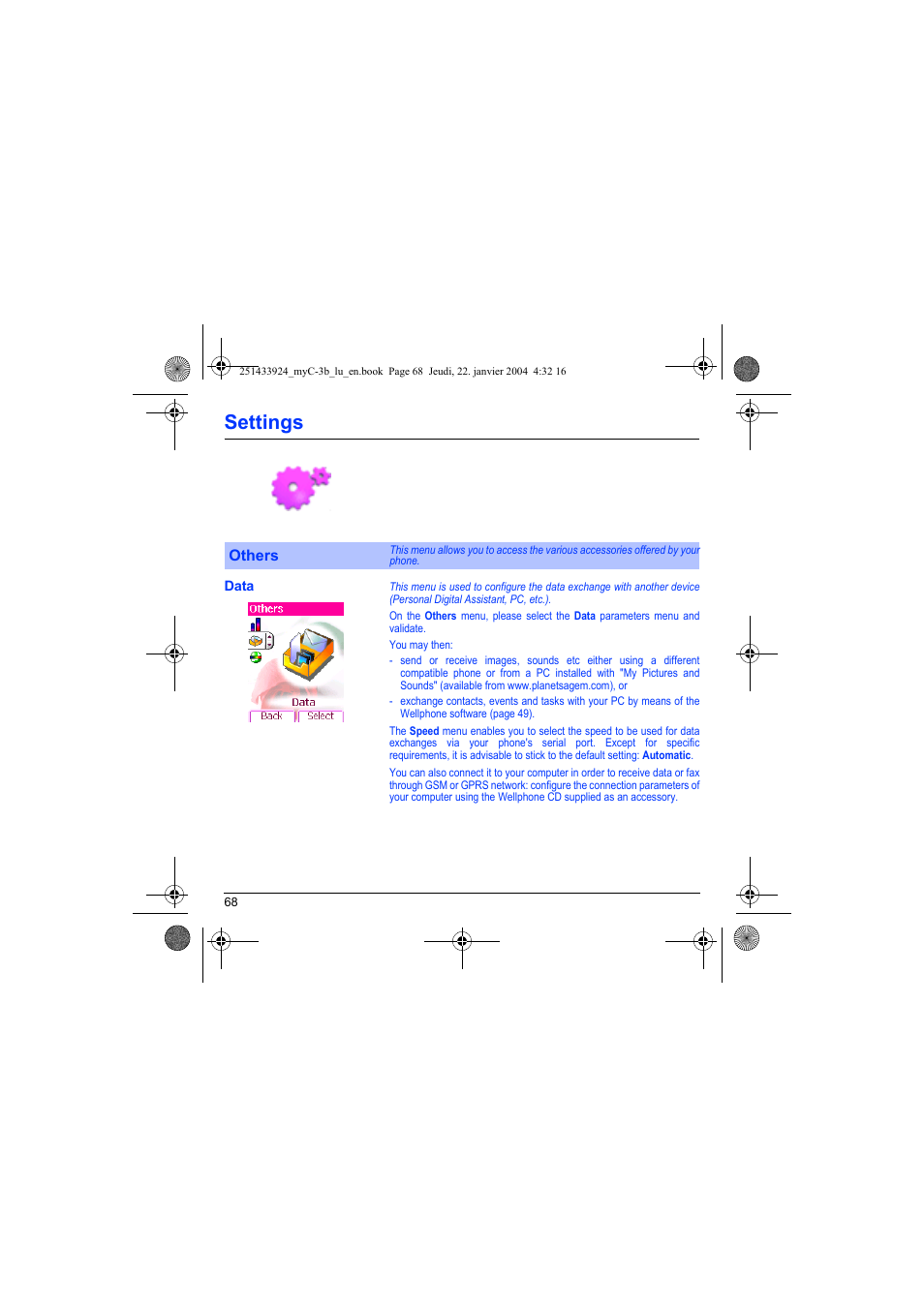 Others, Data, Settings | Sagem myC-3b User Manual | Page 71 / 91