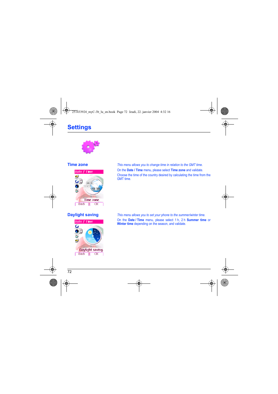 Time zone daylight saving, Settings | Sagem myC-3b User Manual | Page 75 / 91