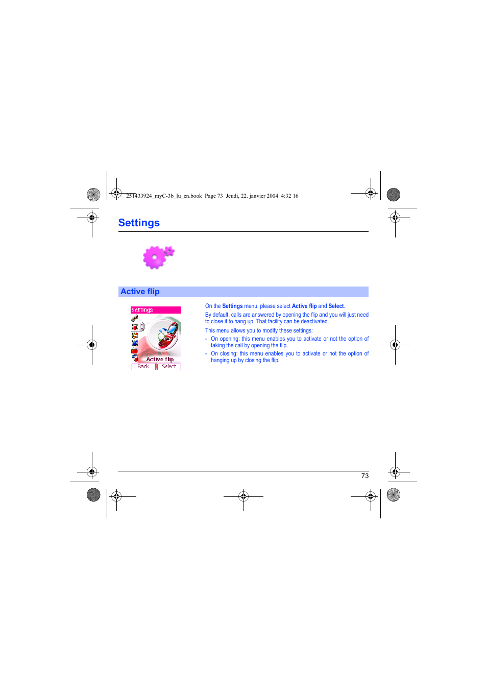 Active flip, Settings | Sagem myC-3b User Manual | Page 76 / 91