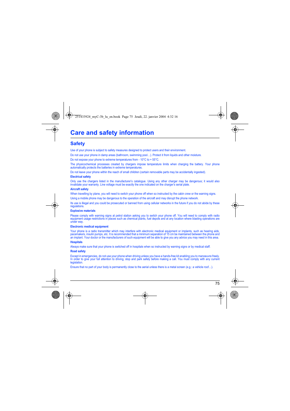 Care and safety information, Safety | Sagem myC-3b User Manual | Page 78 / 91