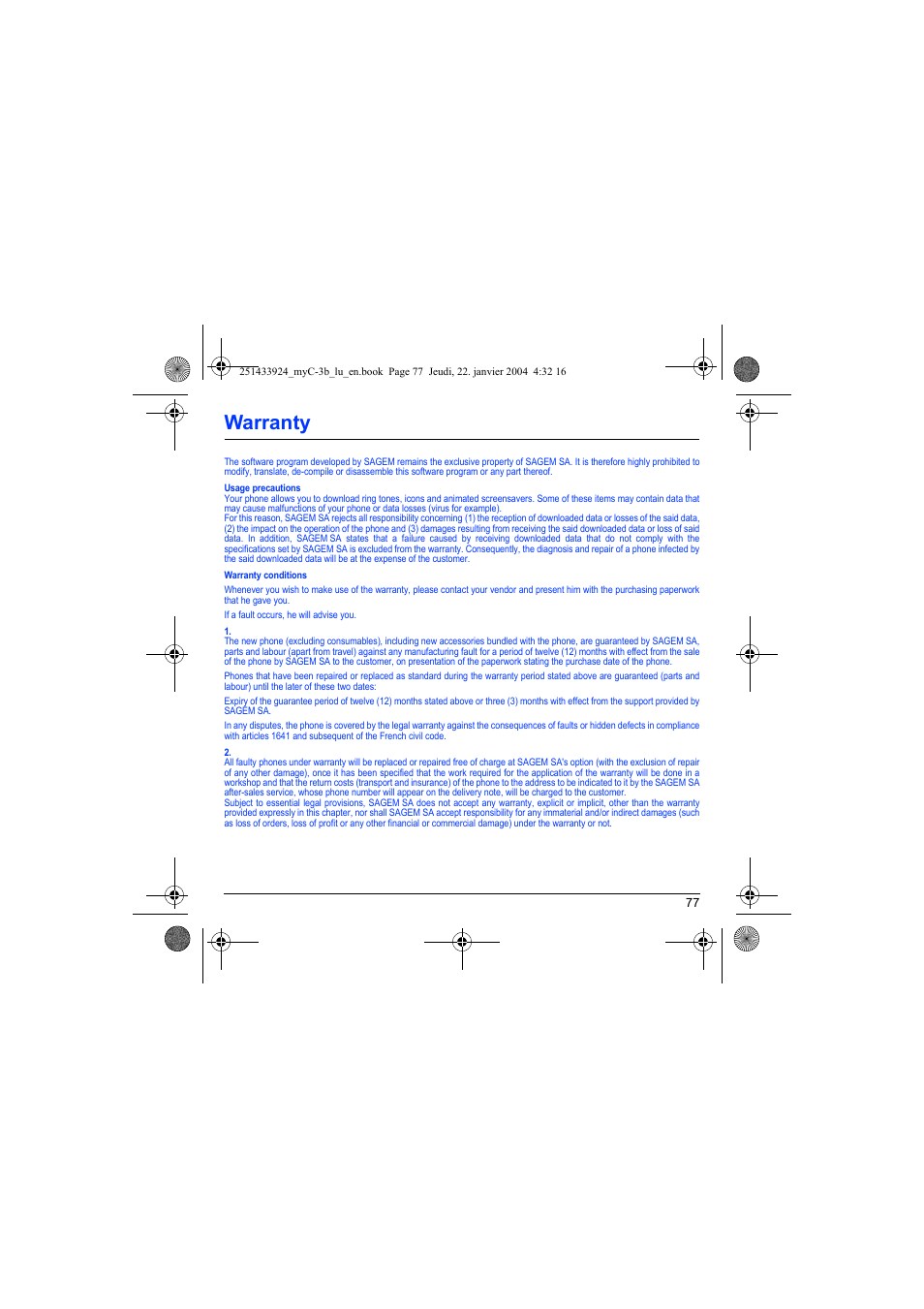 Warranty | Sagem myC-3b User Manual | Page 80 / 91