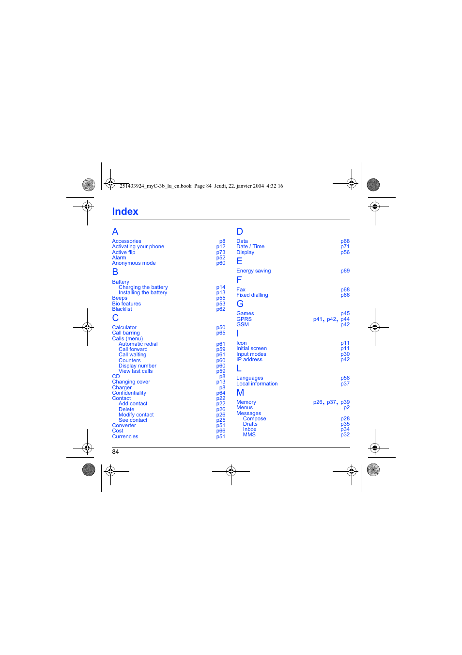 Index | Sagem myC-3b User Manual | Page 87 / 91