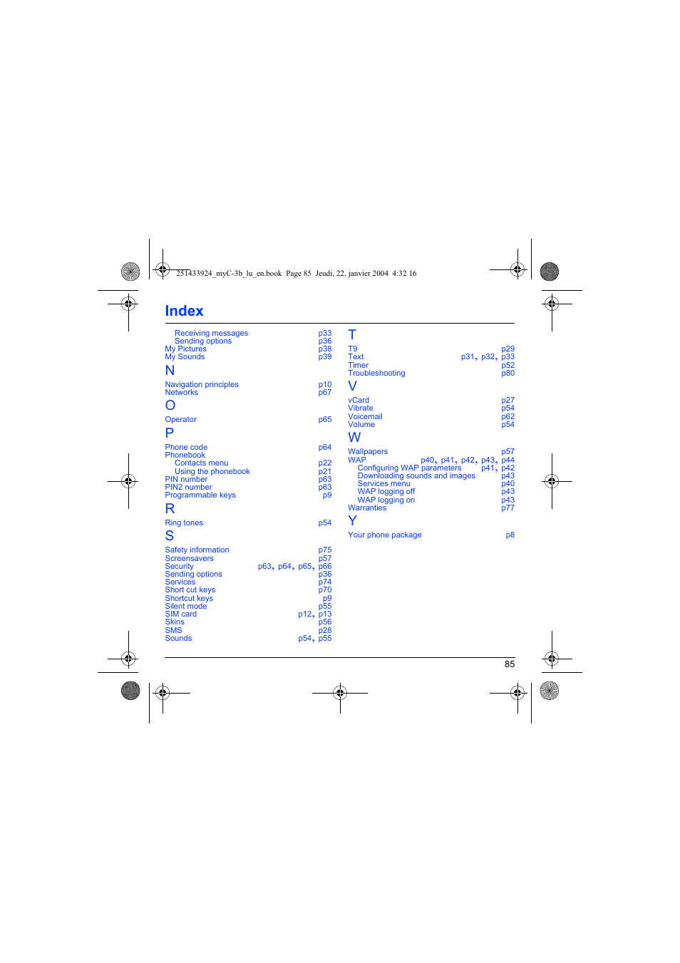 Index | Sagem myC-3b User Manual | Page 88 / 91