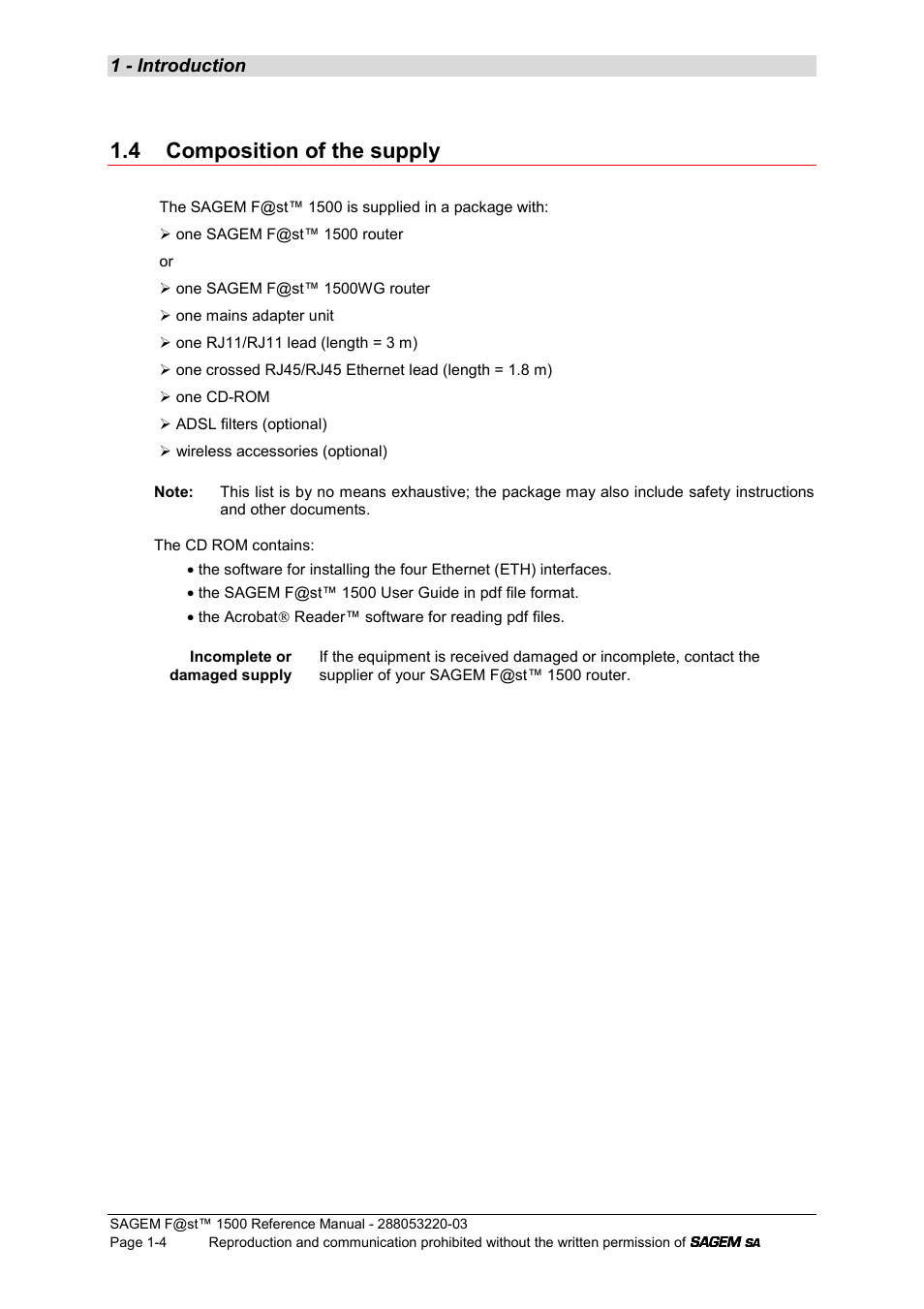 4 composition of the supply, 1 - introduction | Sagem F@ST 1500WG User Manual | Page 10 / 134