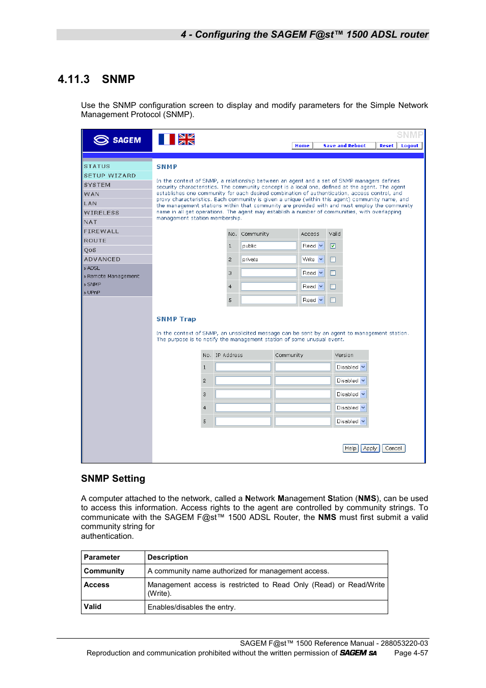 3 snmp, Snmp setting | Sagem F@ST 1500WG User Manual | Page 103 / 134