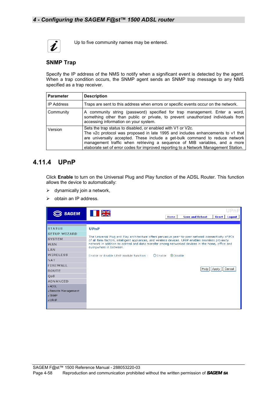 4 upnp, Snmp trap | Sagem F@ST 1500WG User Manual | Page 104 / 134