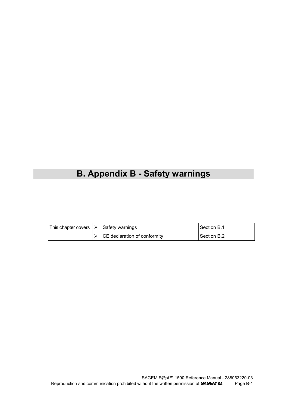 B. appendix b - safety warnings | Sagem F@ST 1500WG User Manual | Page 111 / 134