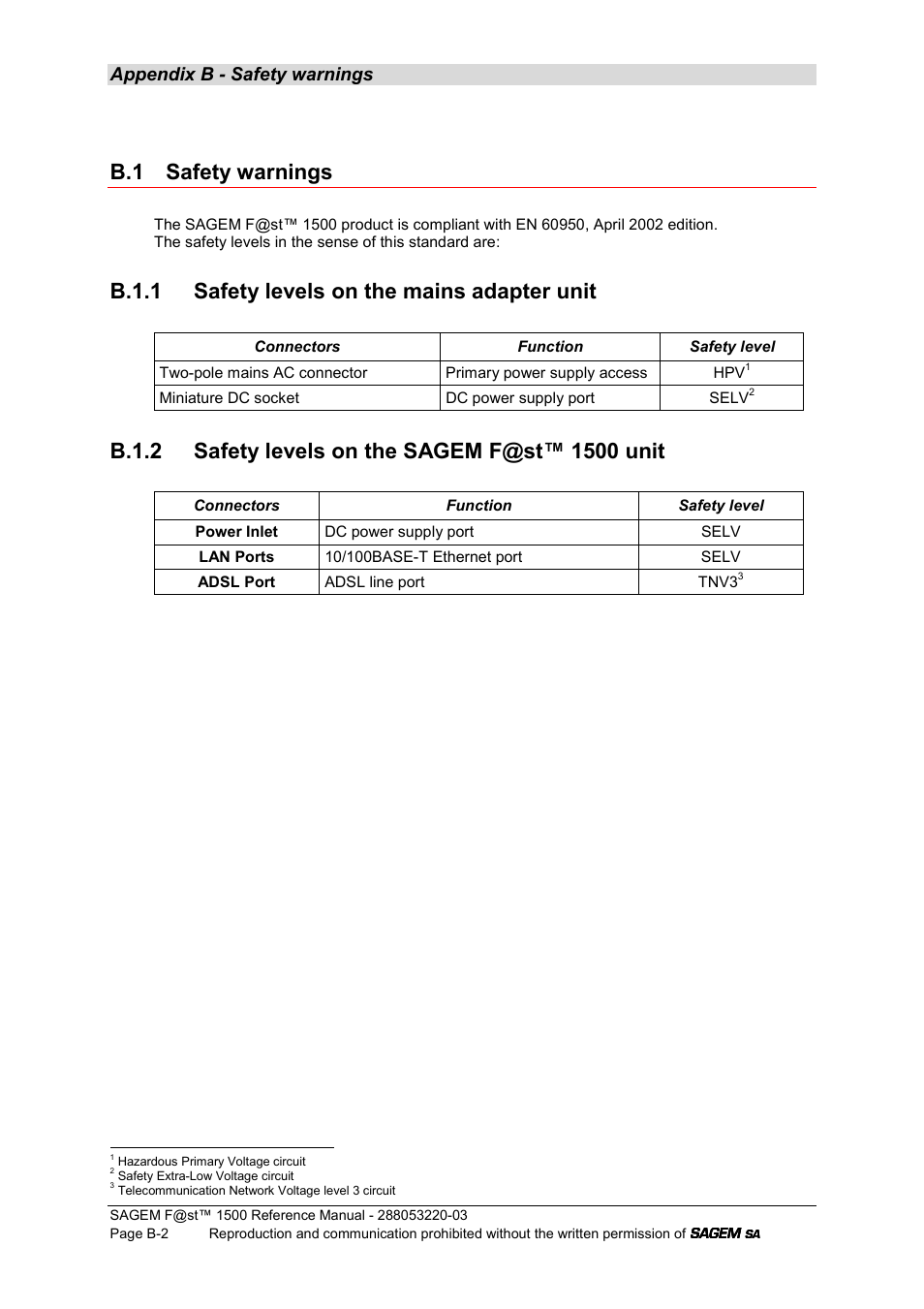 B.1 safety warnings, B.1.1 safety levels on the mains adapter unit, B.1.2 safety levels on the sagem f@st™ 1500 unit | Appendix b - safety warnings | Sagem F@ST 1500WG User Manual | Page 112 / 134