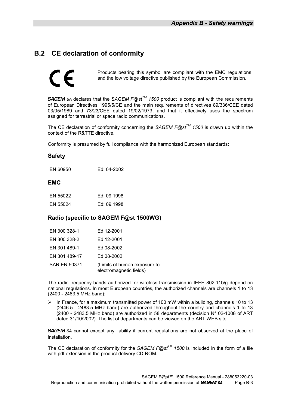 B.2 ce declaration of conformity, Appendix b - safety warnings, Safety | Radio (specific to sagem f@st 1500wg) | Sagem F@ST 1500WG User Manual | Page 113 / 134