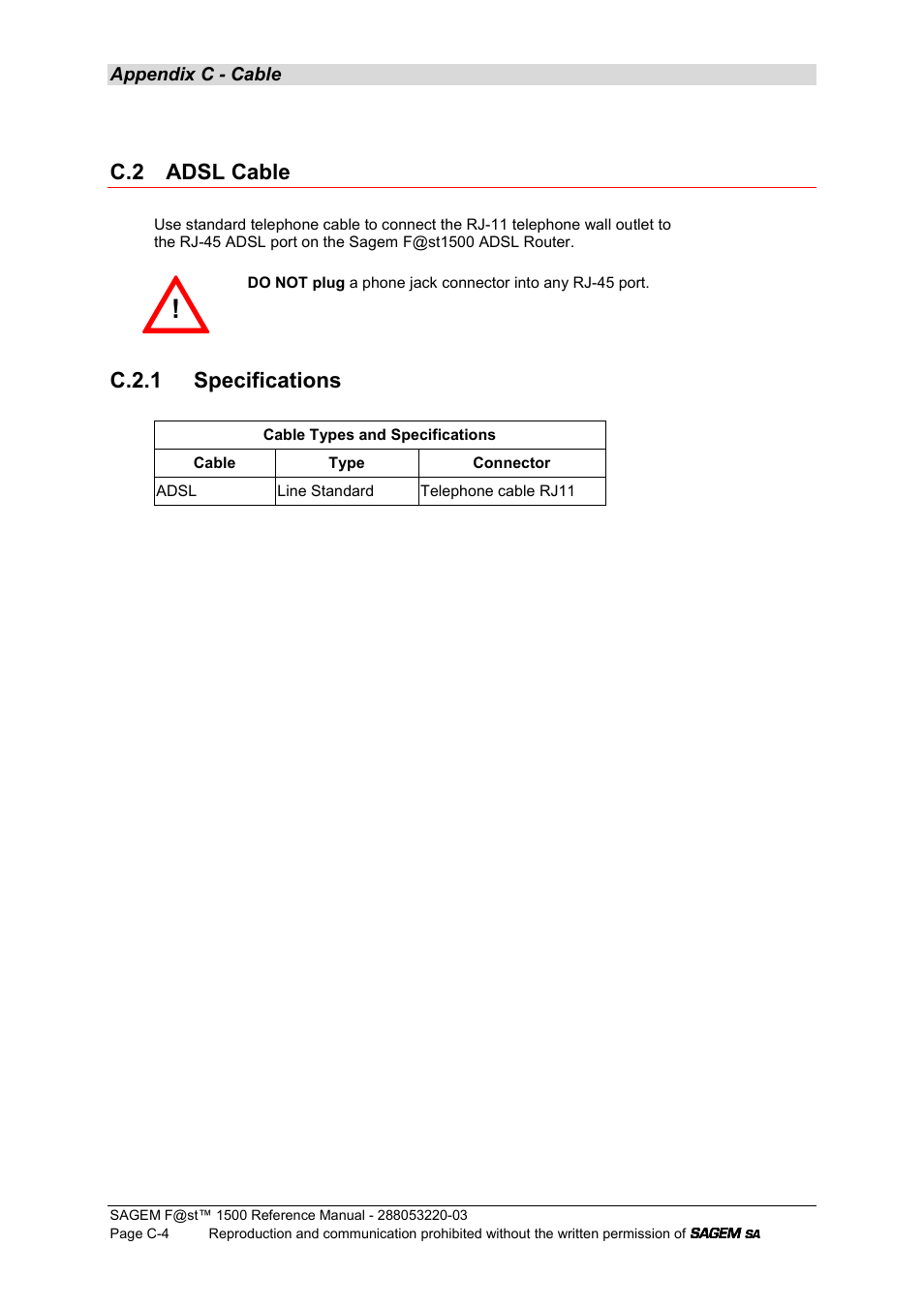 C.2 adsl cable, C.2.1 specifications | Sagem F@ST 1500WG User Manual | Page 118 / 134