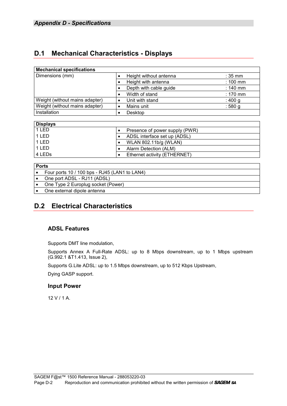 D.1 mechanical characteristics - displays, D.2 electrical characteristics, Appendix d - specifications | Adsl features, Input power | Sagem F@ST 1500WG User Manual | Page 122 / 134