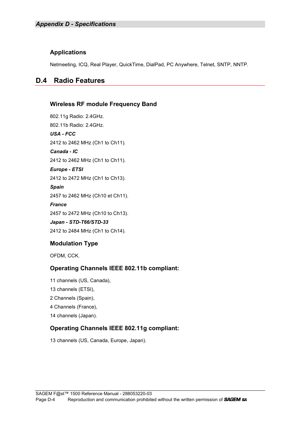 D.4 radio features | Sagem F@ST 1500WG User Manual | Page 124 / 134