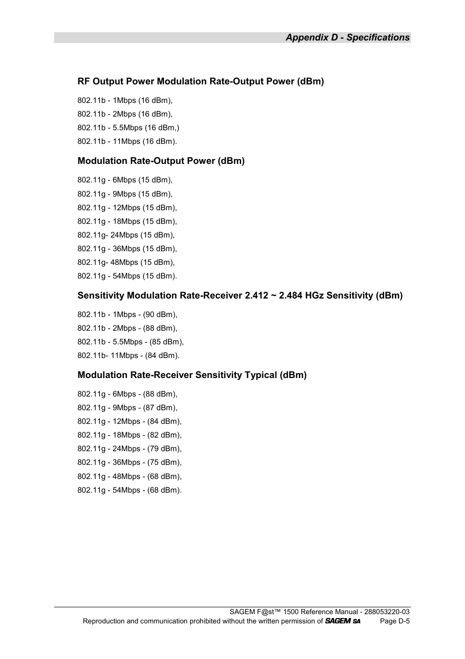 Appendix d - specifications, Rf output power modulation rate-output power (dbm), Modulation rate-output power (dbm) | Modulation rate-receiver sensitivity typical (dbm) | Sagem F@ST 1500WG User Manual | Page 125 / 134