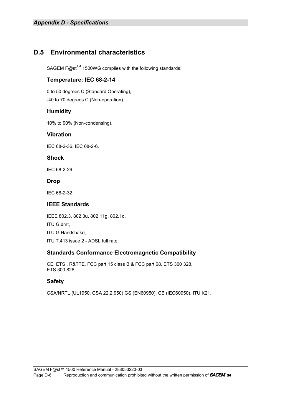 D.5 environmental characteristics | Sagem F@ST 1500WG User Manual | Page 126 / 134