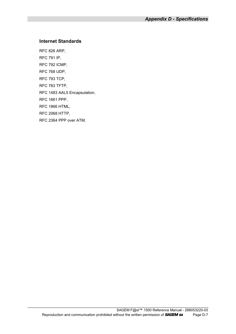 Appendix d - specifications, Internet standards | Sagem F@ST 1500WG User Manual | Page 127 / 134