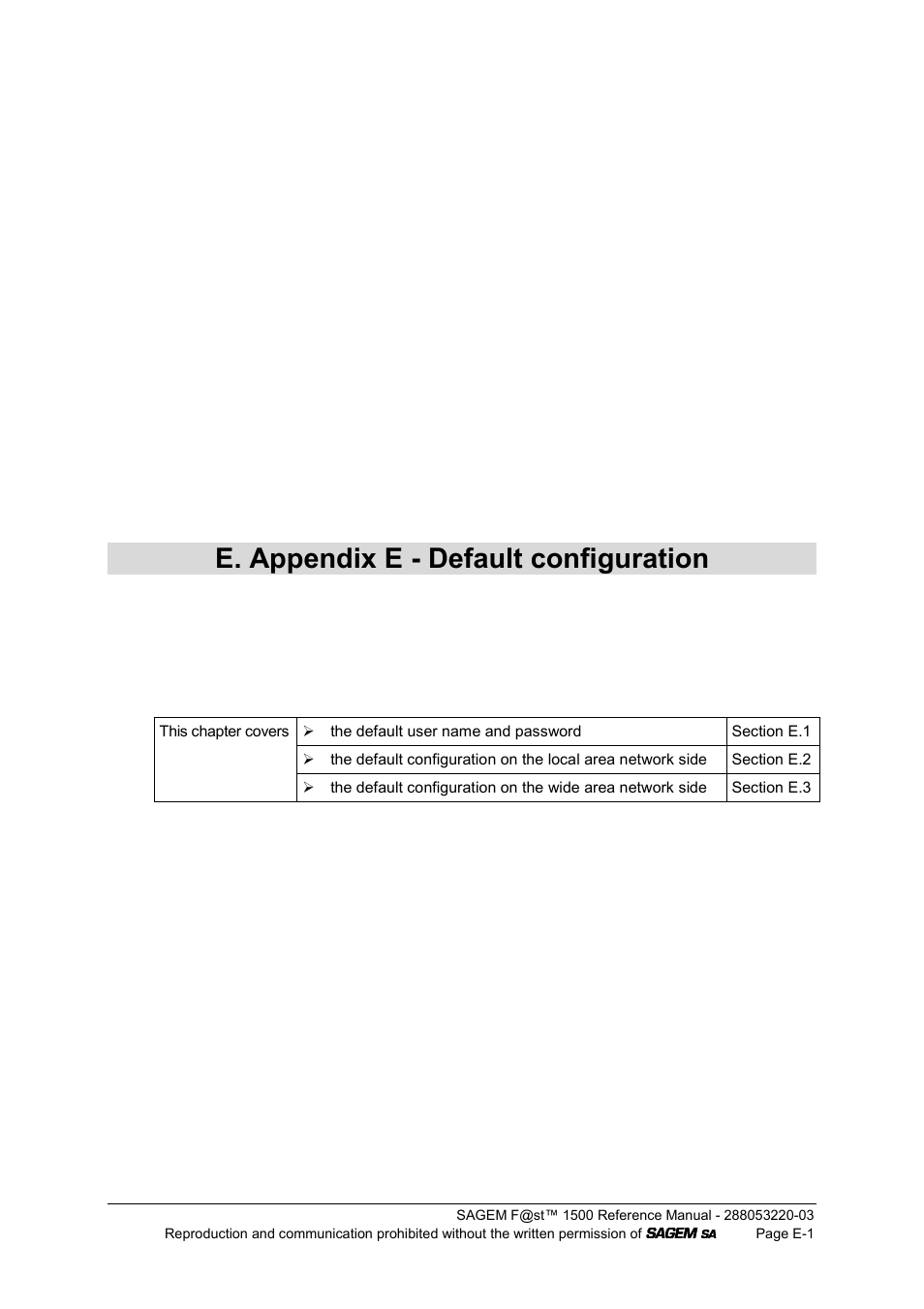 E. appendix e - default configuration | Sagem F@ST 1500WG User Manual | Page 129 / 134