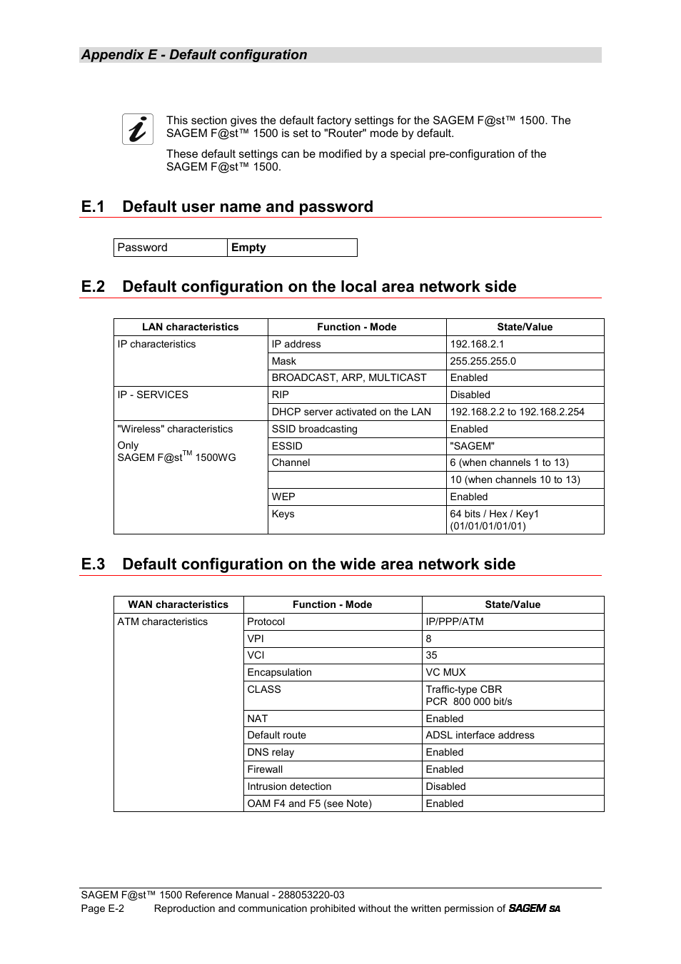 E.1 default user name and password, Appendix e - default configuration | Sagem F@ST 1500WG User Manual | Page 130 / 134