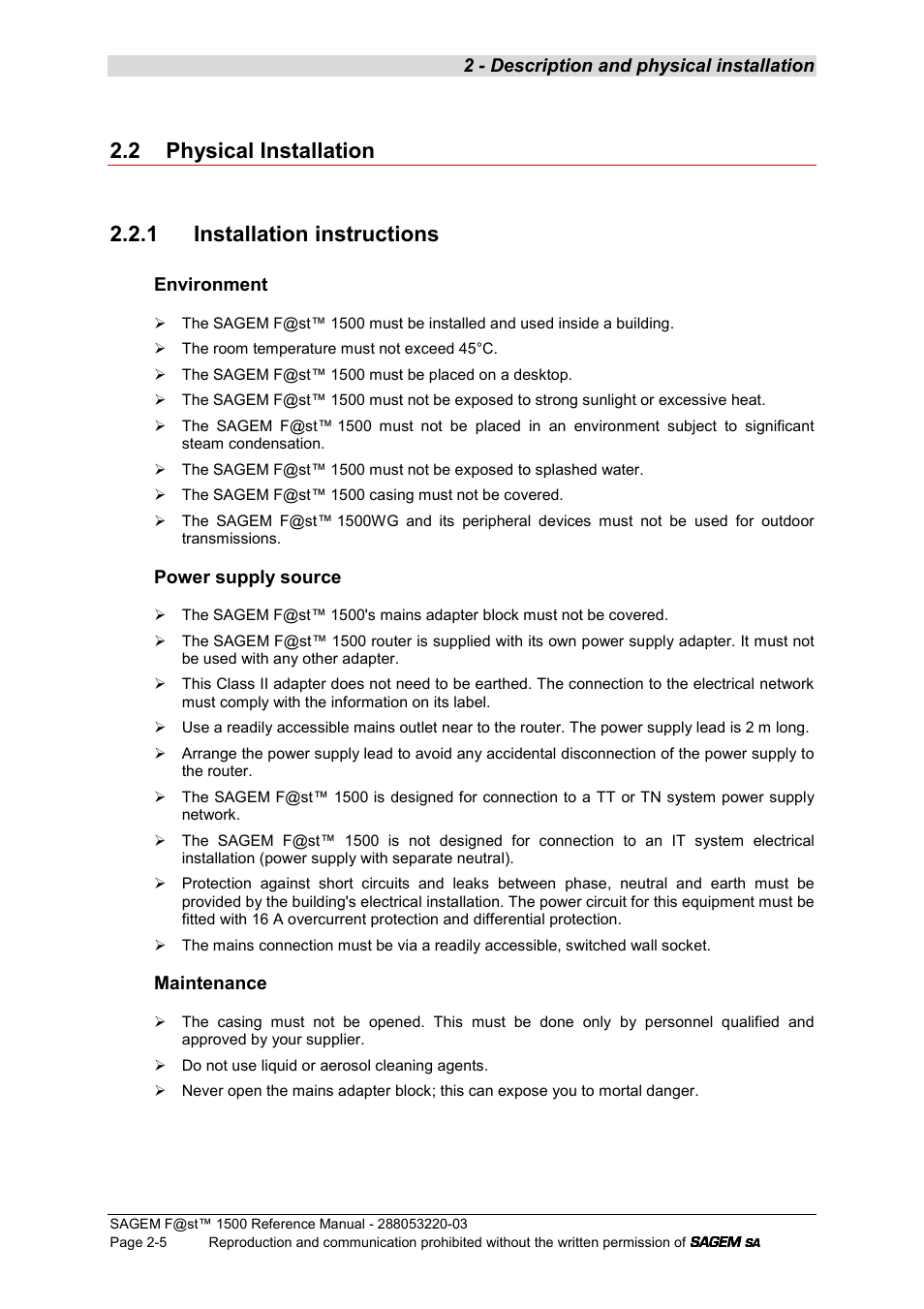 2 physical installation, 1 installation instructions | Sagem F@ST 1500WG User Manual | Page 17 / 134