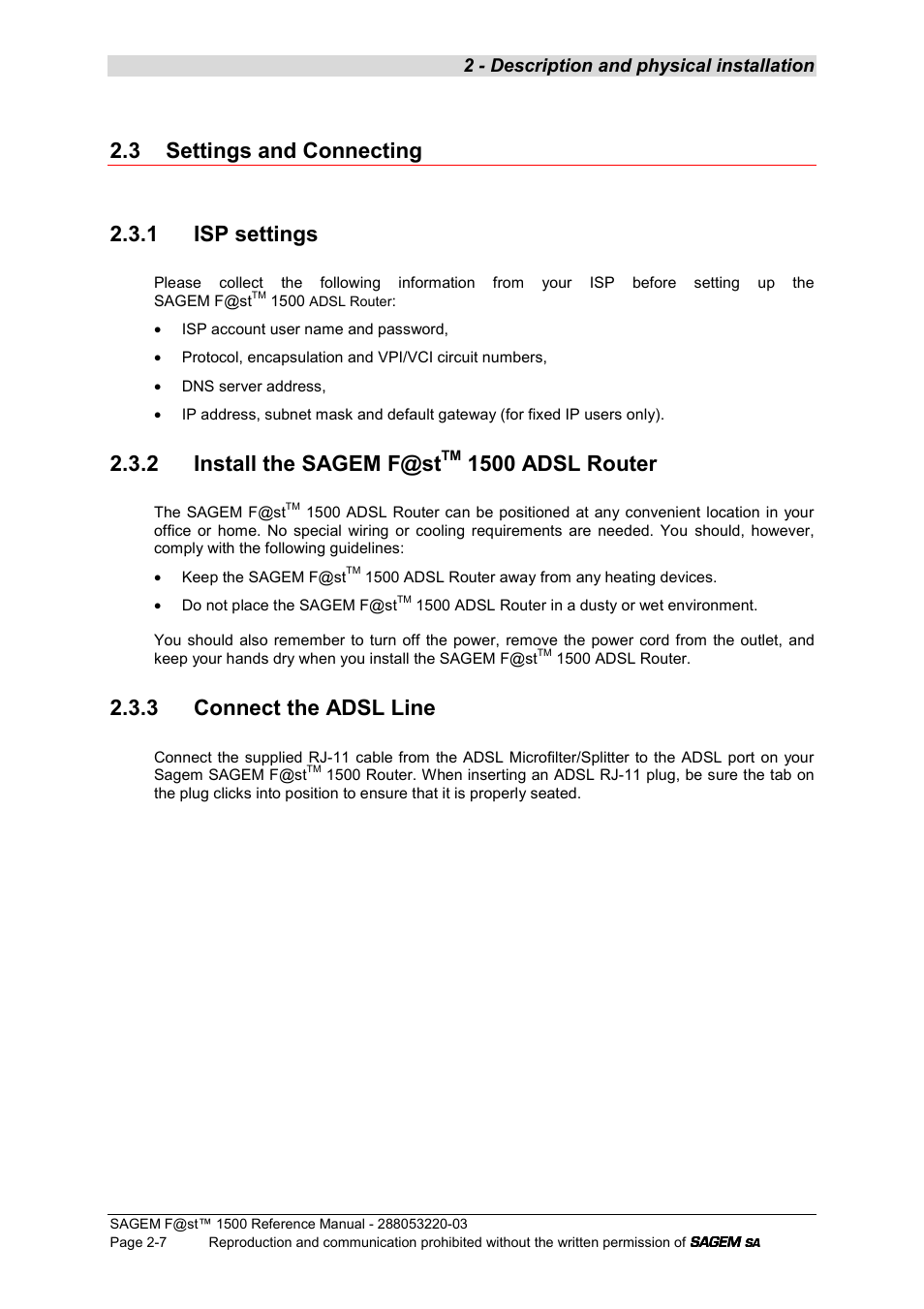 3 settings and connecting, 1 isp settings, 2 install the sagem f@st tm 1500 adsl router | 3 connect the adsl line, 3 settings and connecting 2.3.1 isp settings, 2 install the sagem f@st, 1500 adsl router | Sagem F@ST 1500WG User Manual | Page 19 / 134