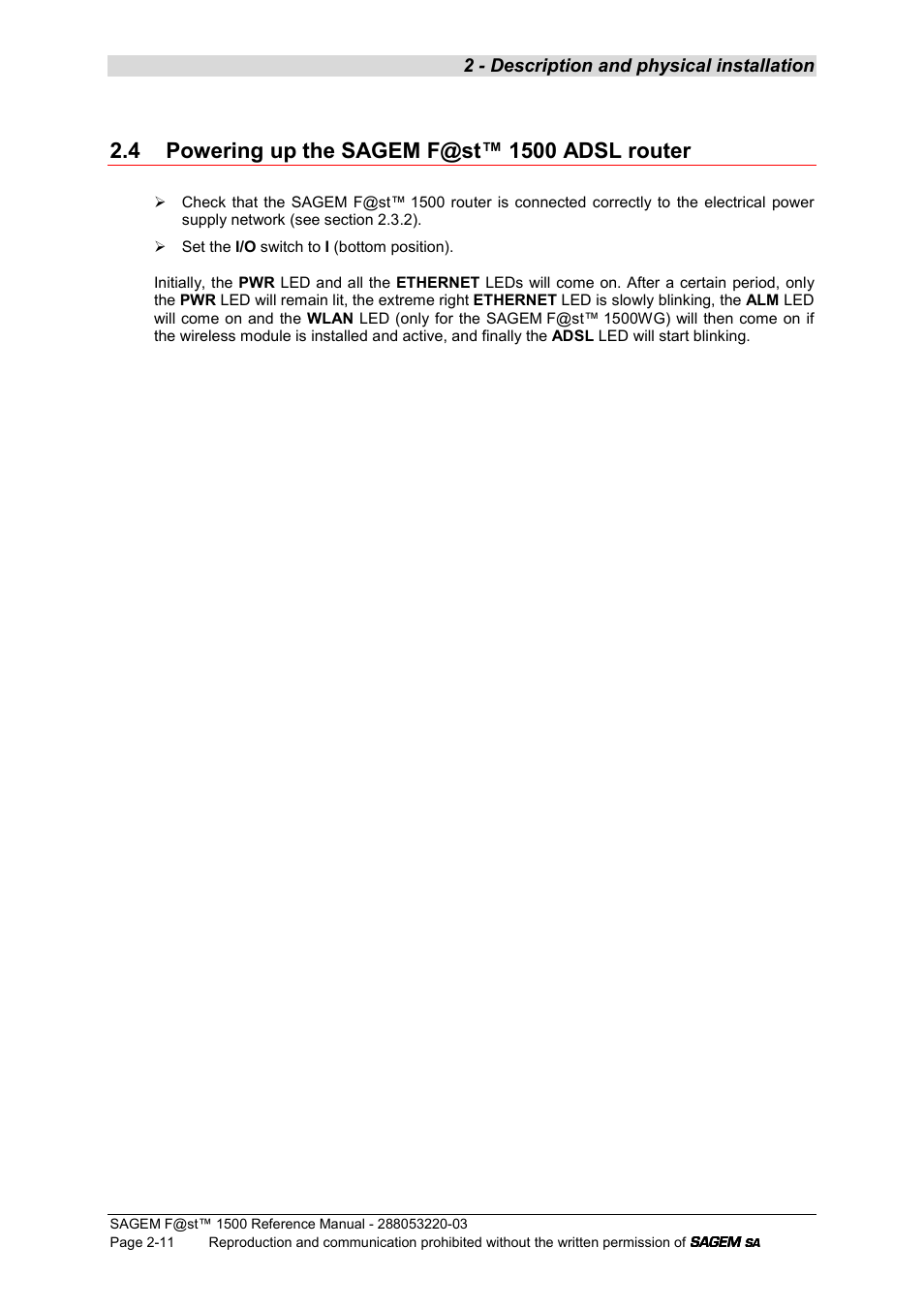 4 powering up the sagem f@st™ 1500 adsl router, 2 - description and physical installation | Sagem F@ST 1500WG User Manual | Page 23 / 134