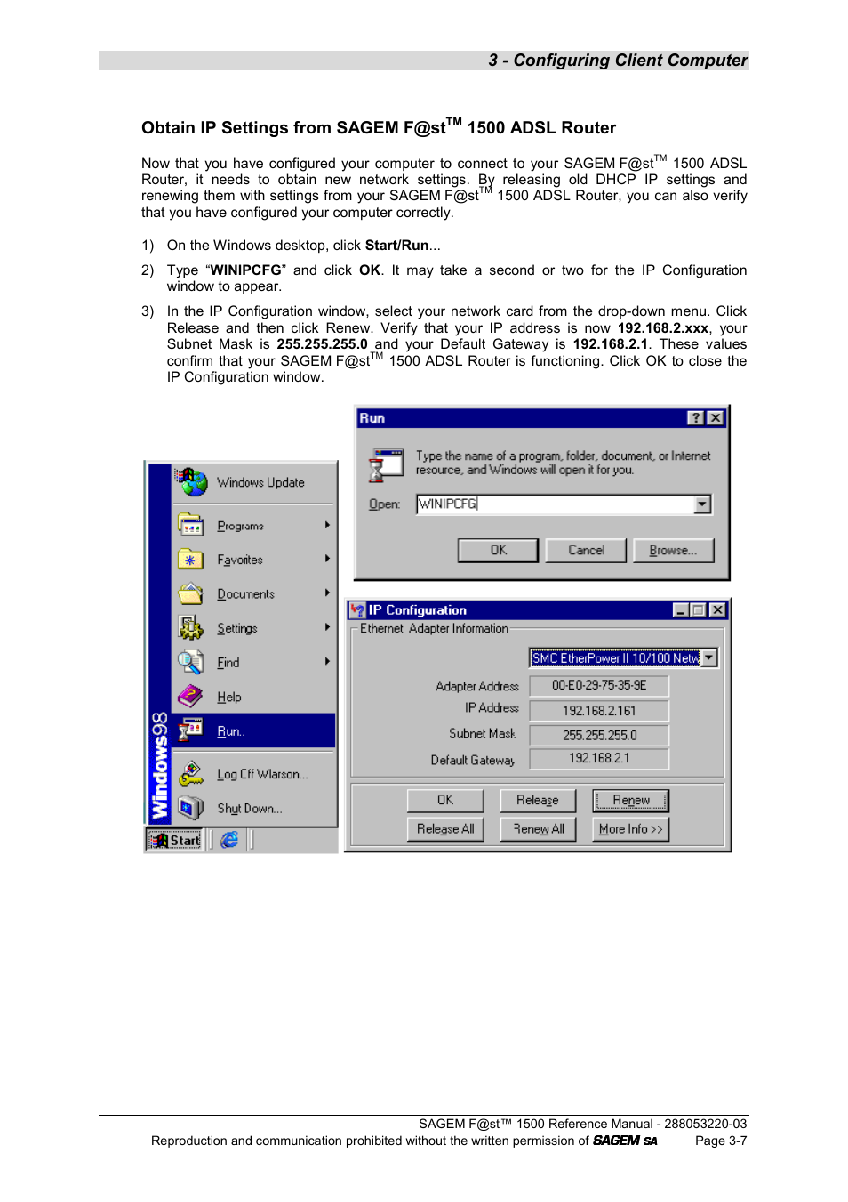 3 - configuring client computer, Obtain ip settings from sagem f@st, 1500 adsl router | Sagem F@ST 1500WG User Manual | Page 31 / 134