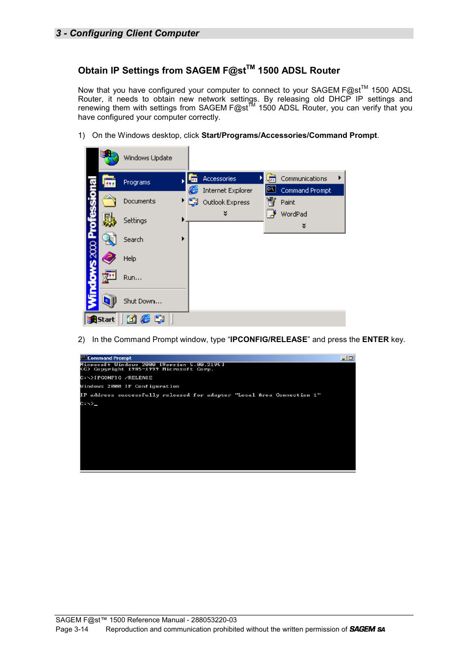 3 - configuring client computer, Obtain ip settings from sagem f@st, 1500 adsl router | Sagem F@ST 1500WG User Manual | Page 38 / 134