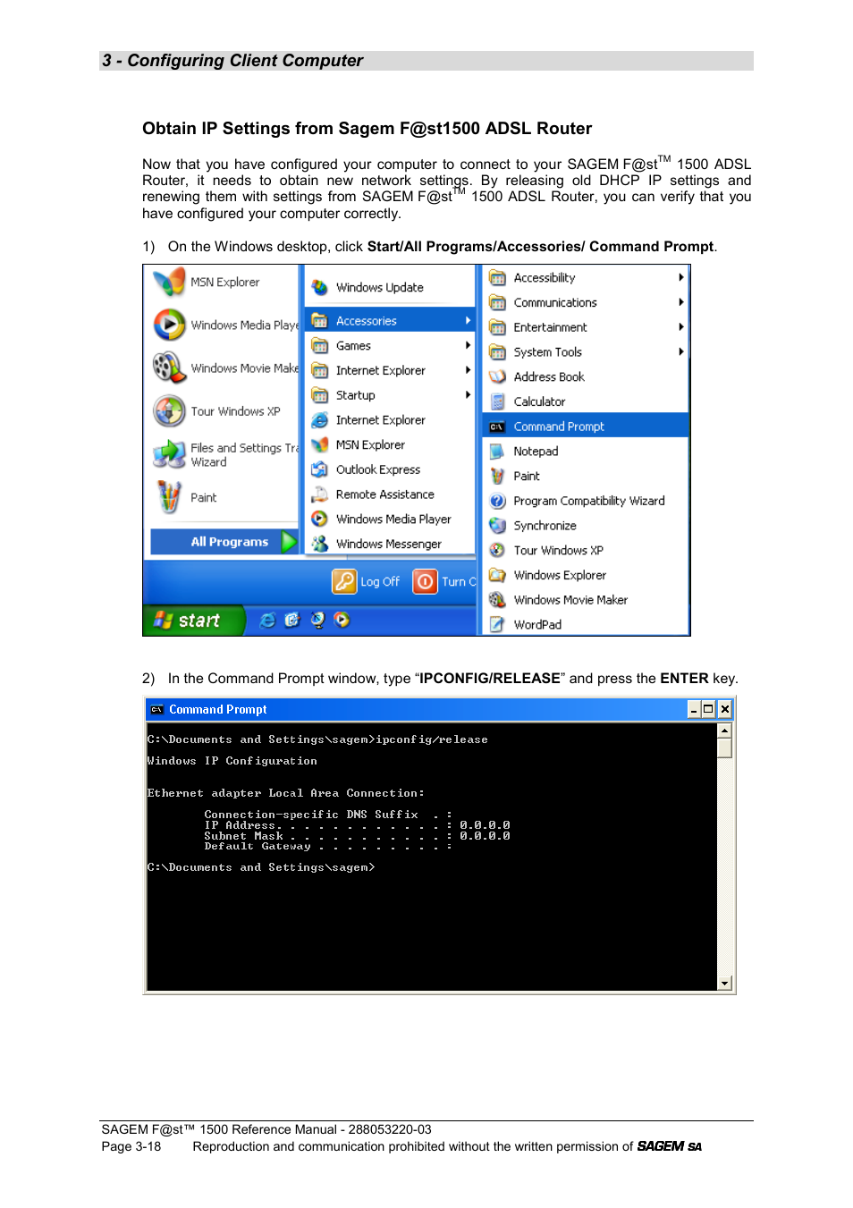 3 - configuring client computer, Obtain ip settings from sagem f@st1500 adsl router | Sagem F@ST 1500WG User Manual | Page 42 / 134