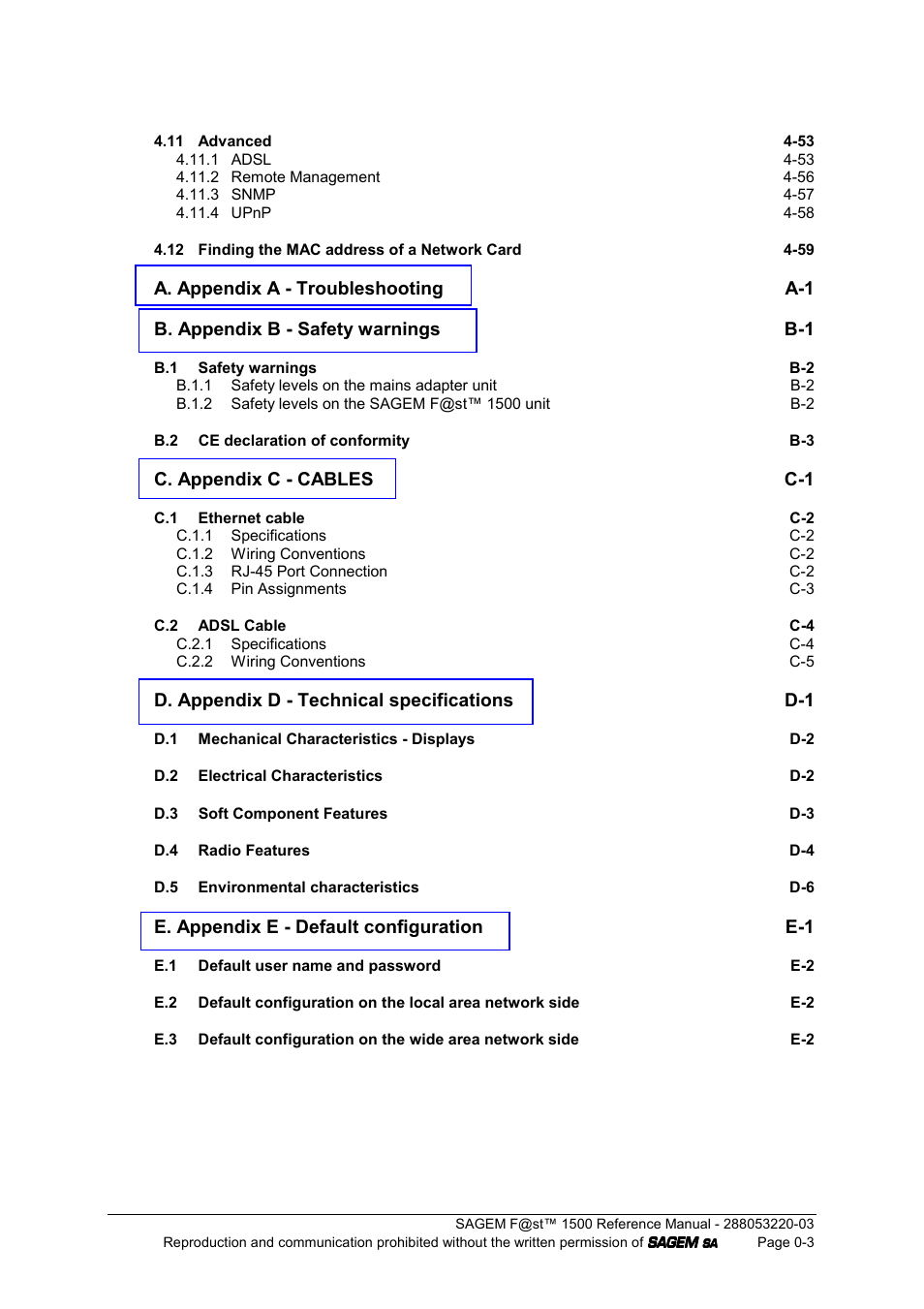 C. appendix c - cables c-1, D. appendix d - technical specifications d-1, E. appendix e - default configuration e-1 | Sagem F@ST 1500WG User Manual | Page 5 / 134