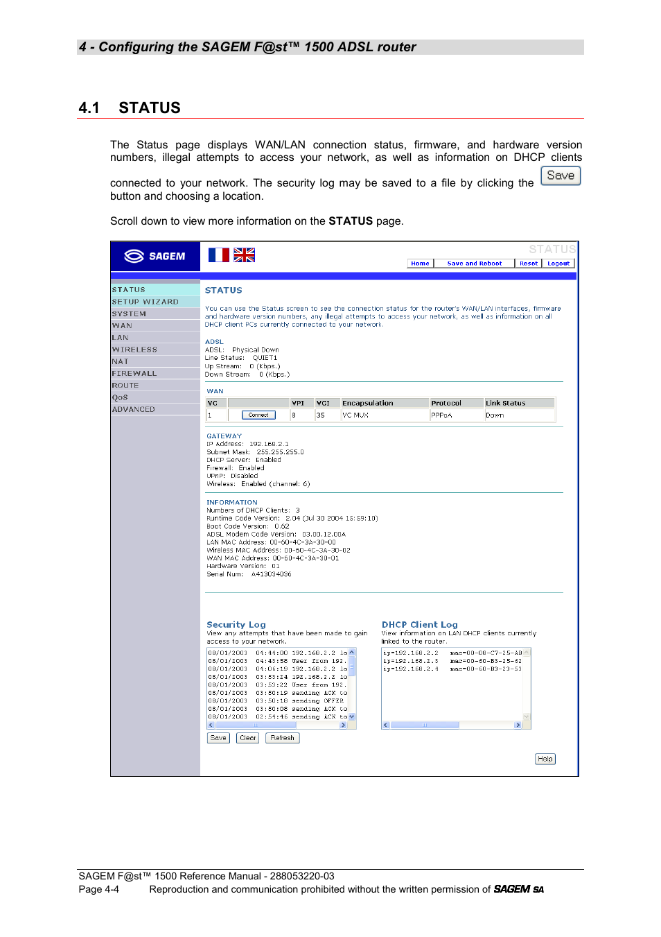 1 status | Sagem F@ST 1500WG User Manual | Page 50 / 134