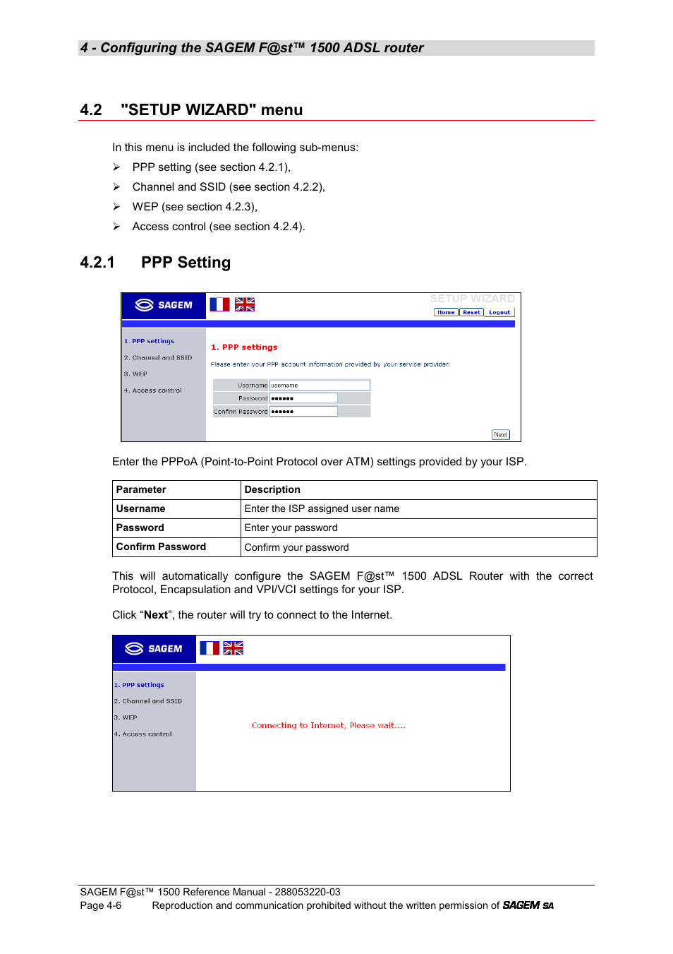 2 "setup wizard" menu, 1 ppp setting | Sagem F@ST 1500WG User Manual | Page 52 / 134