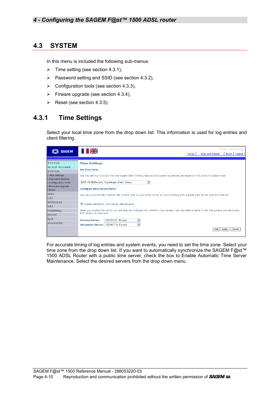 3 system, 1 time settings | Sagem F@ST 1500WG User Manual | Page 56 / 134