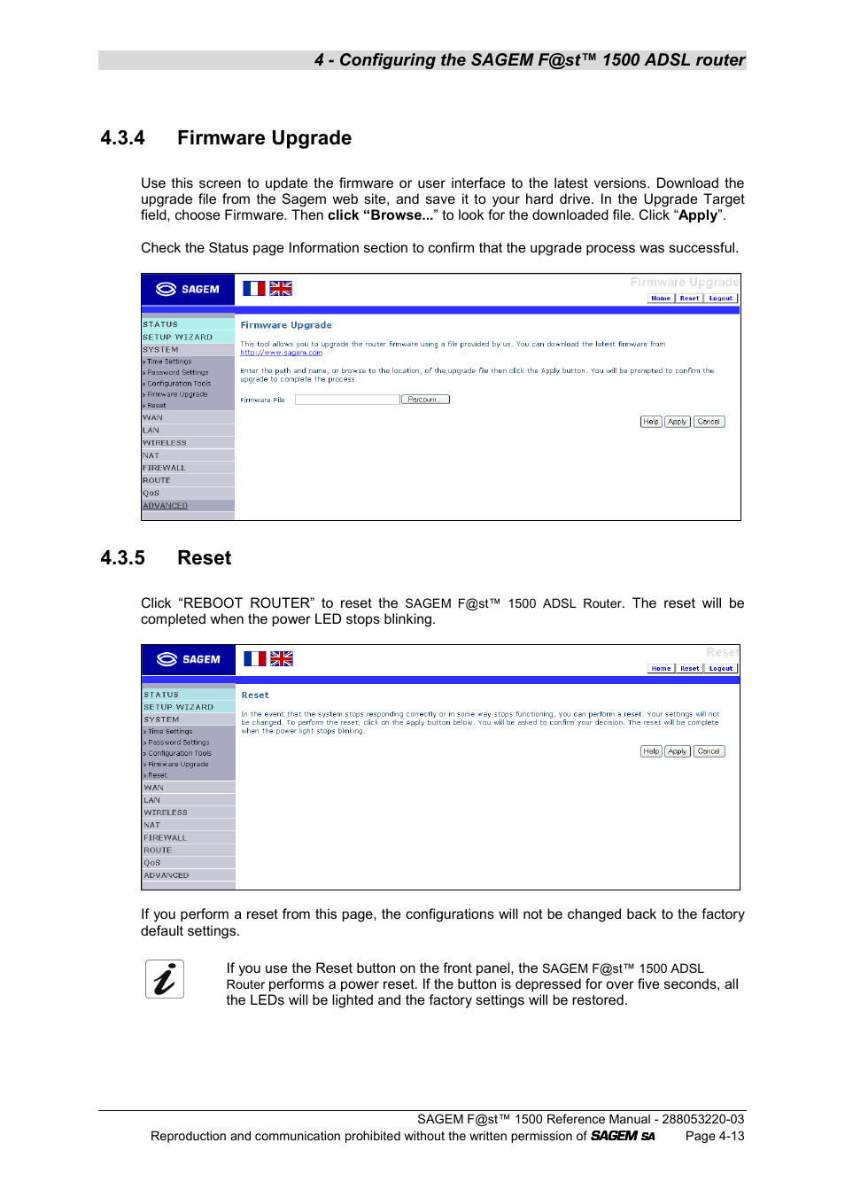 4 firmware upgrade, 5 reset | Sagem F@ST 1500WG User Manual | Page 59 / 134